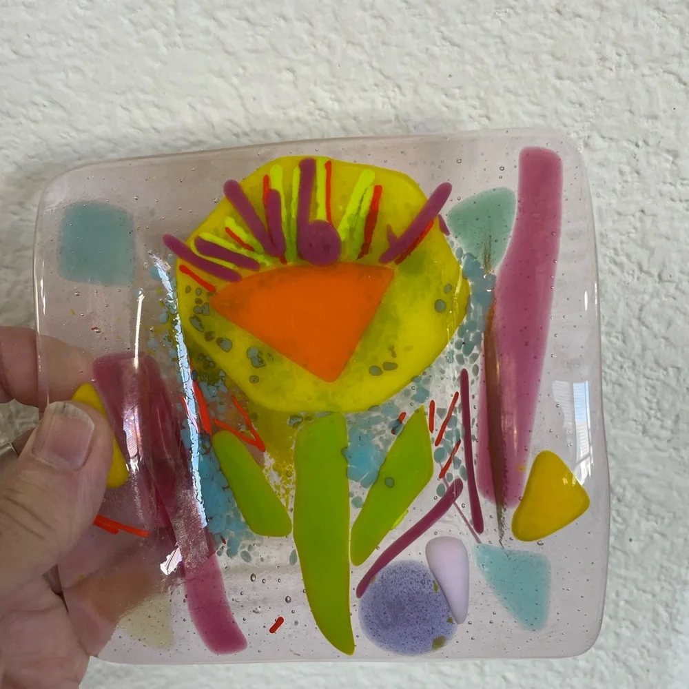 Flower Original Pink Fused Art Glass Ring/Key Handmade Square Tray 5” OOAK - Picture 7 of 8